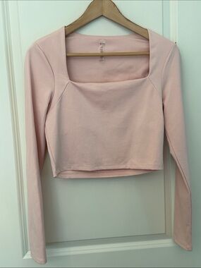 Beyond Yoga Heather Rib Frame Cropped Pullover Top Long Sleeve Pink Haze size M